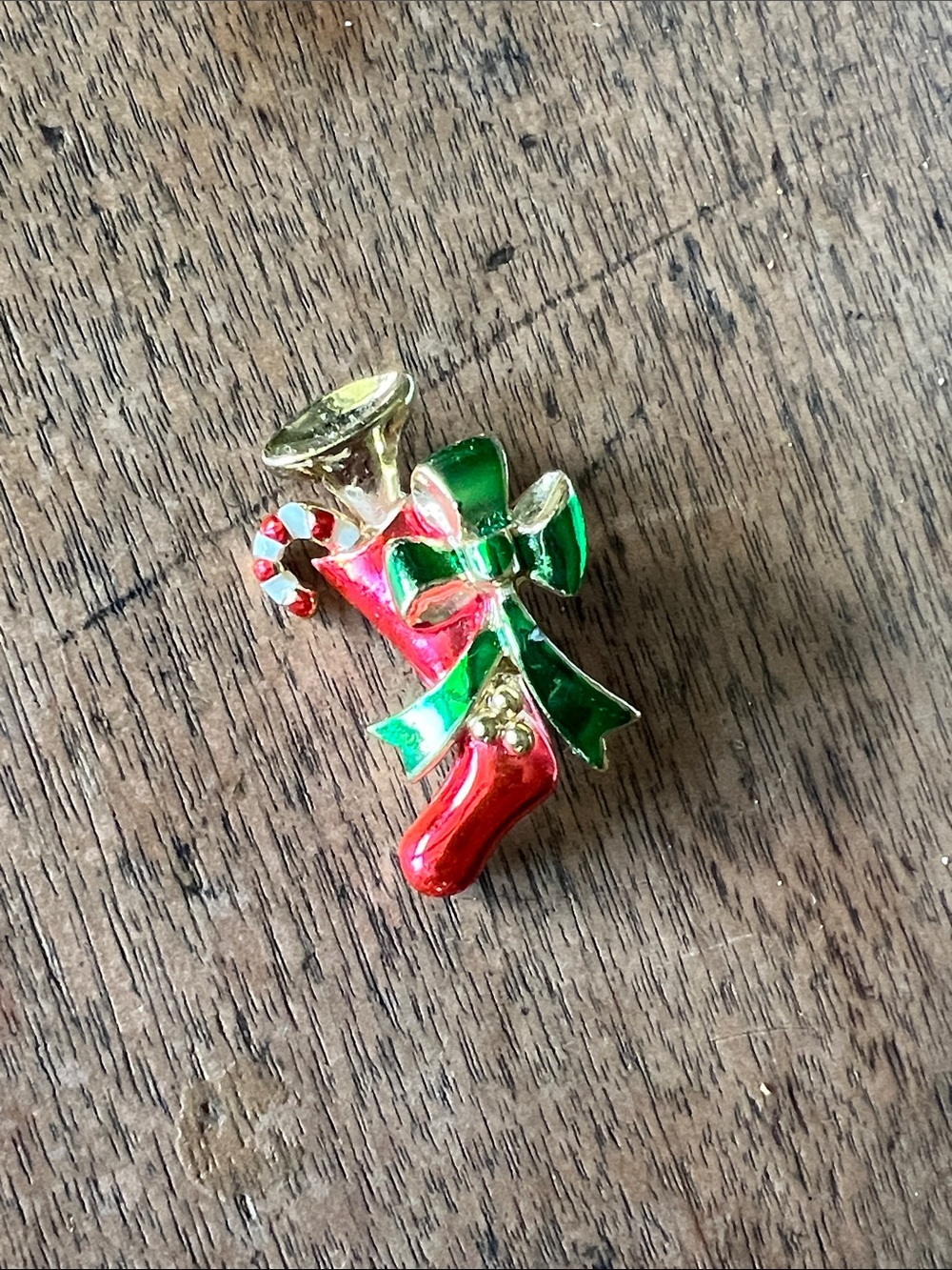 Festive Red & Green Holiday Stocking Pin with Bow